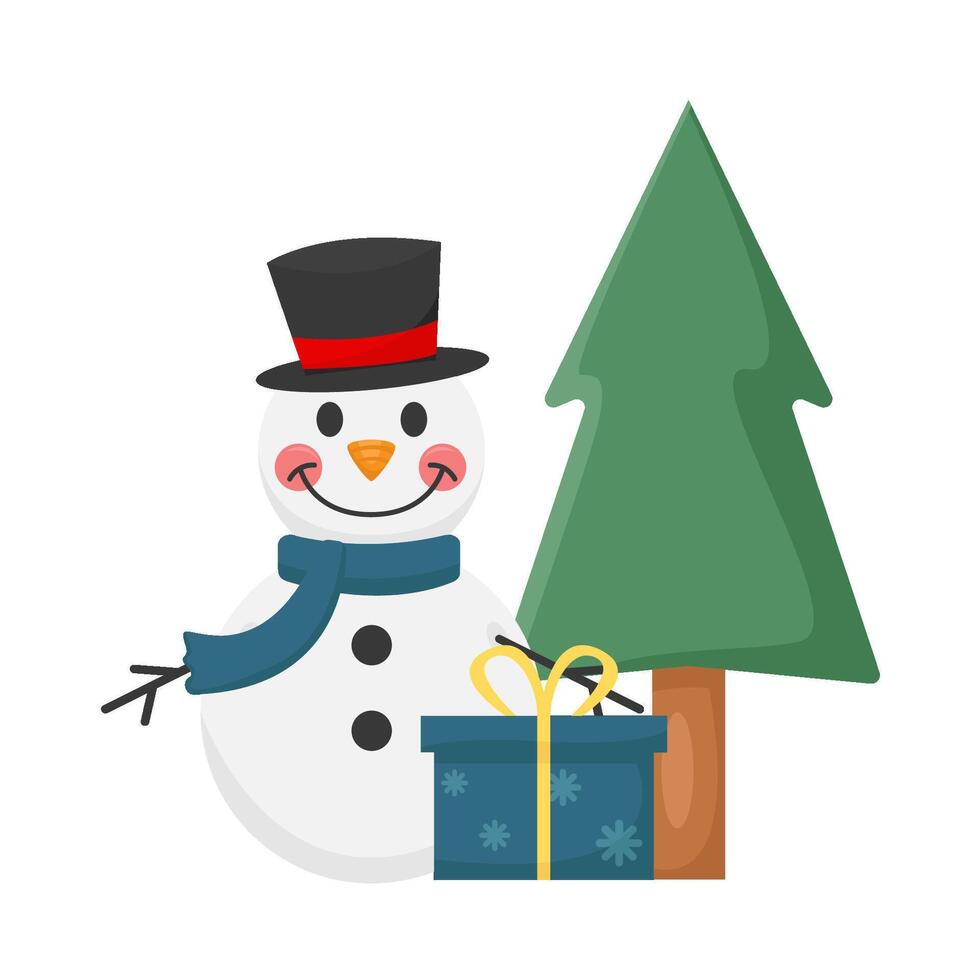 snowman, gift box with tree spruce illustration vector