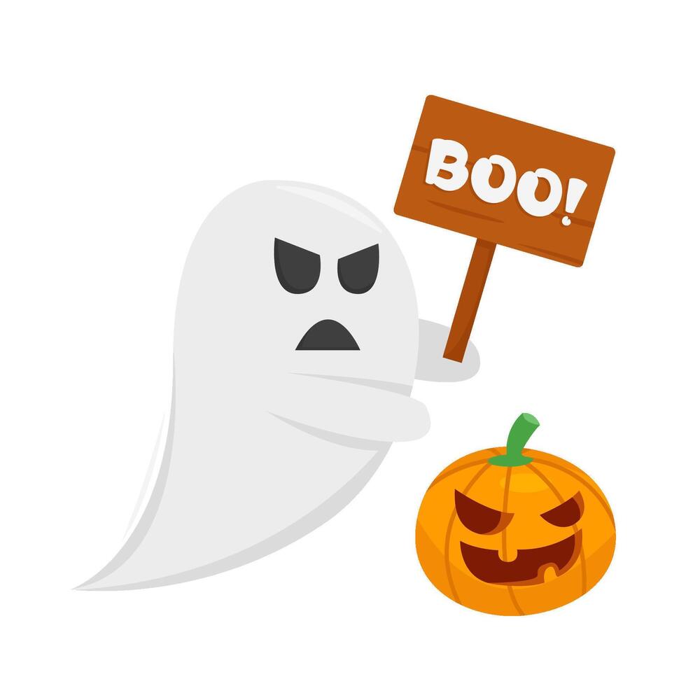 ghost fl, boo text in board with pumpkin halloween illustration vector