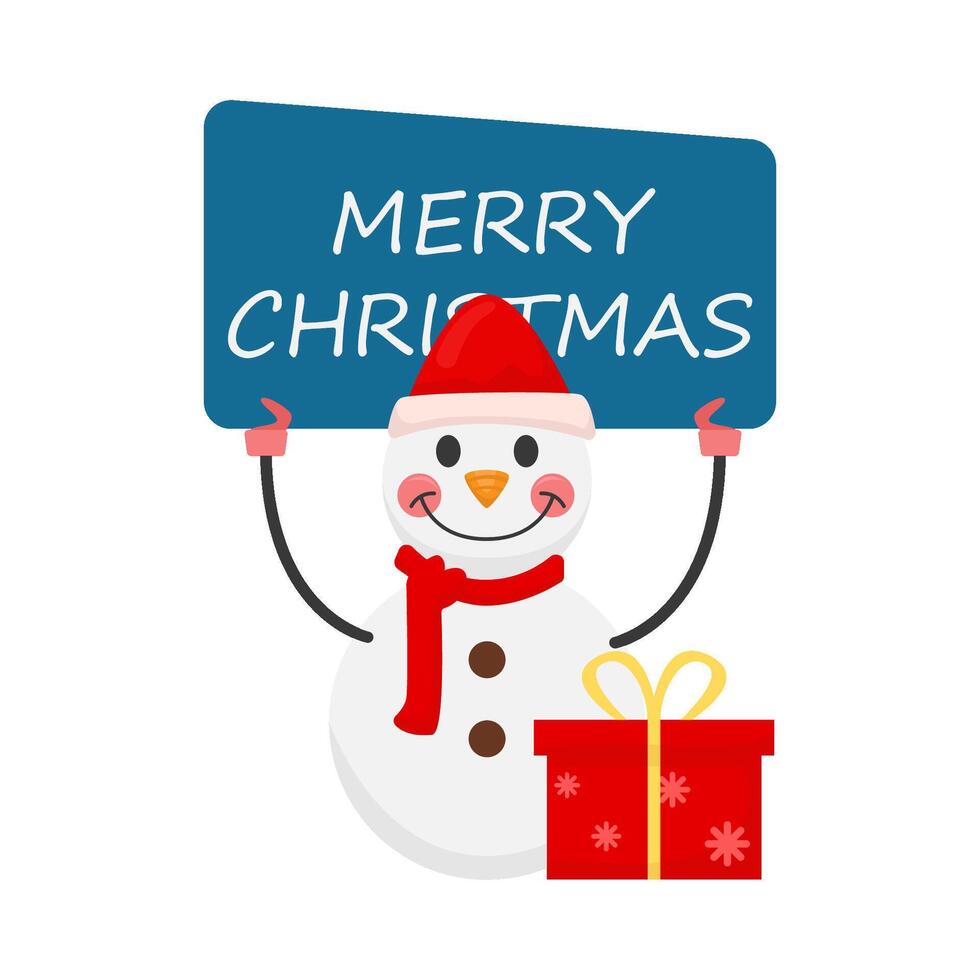 banner merry christmas in snowman with gift box illustration vector