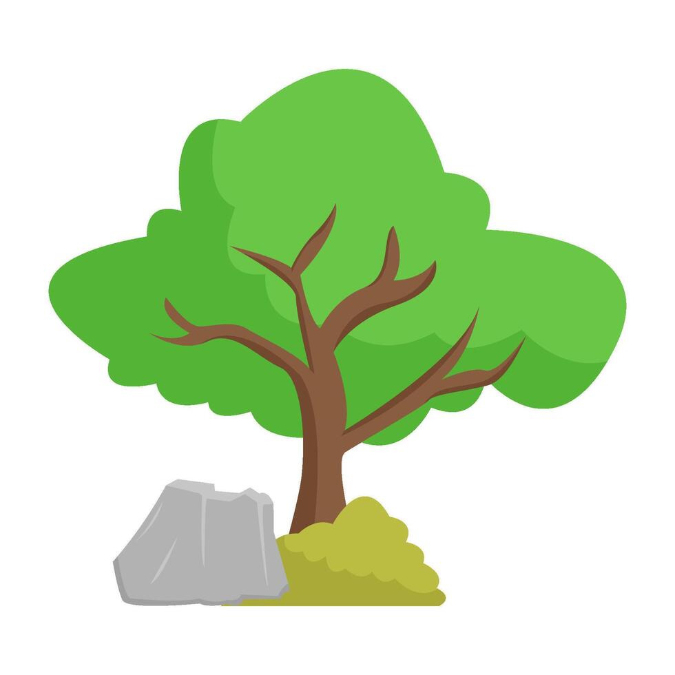 tree, grass with stone illustration vector