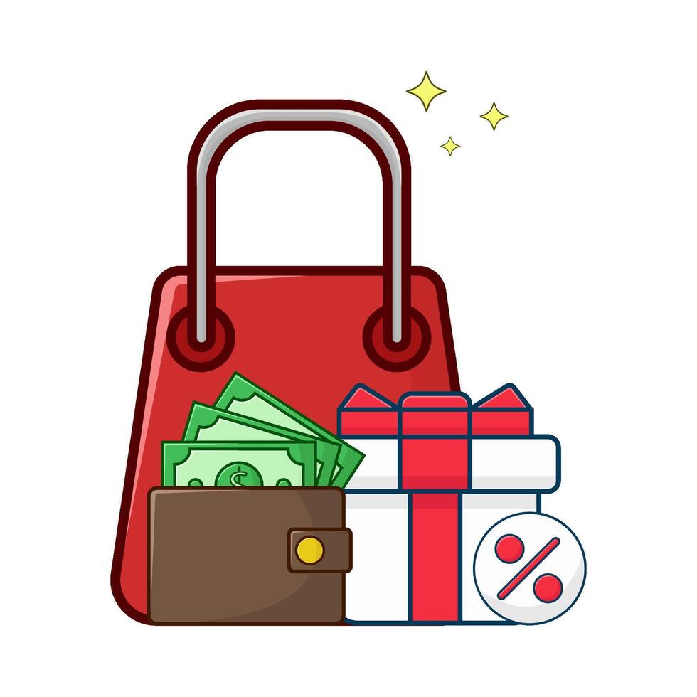 compras bolsa, regalo caja rebaja con dinero en billetera ilustración vector