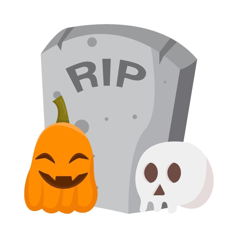 pumpkin halloween with skull in tombstone illustration vector