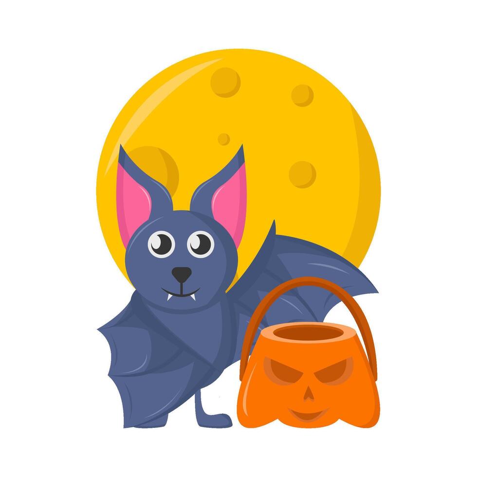 bucket pumpkin in bat fly with full moon illustration vector
