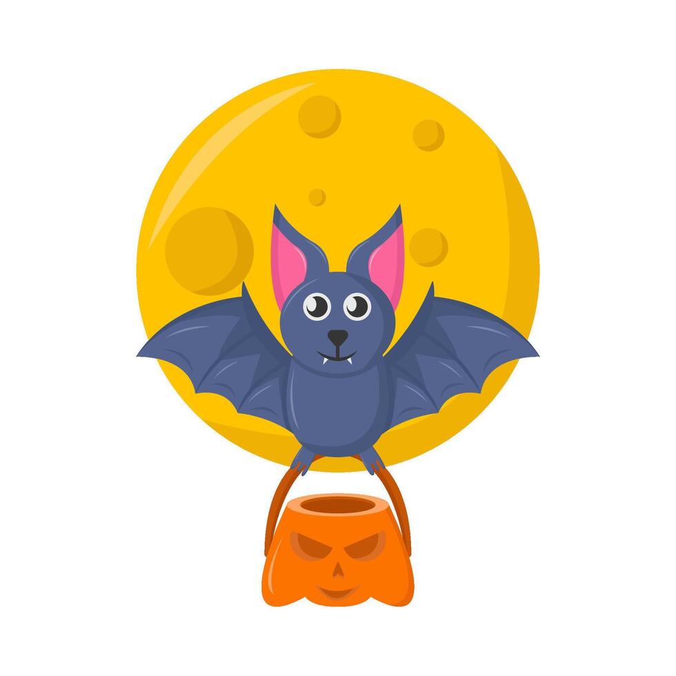bucket pumpkin in bat fly with full moon illustration vector