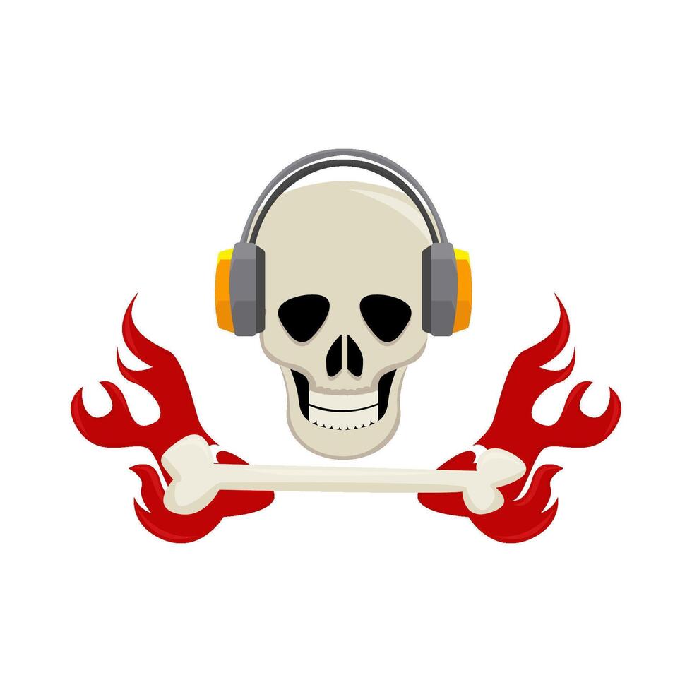 headphone in skull with fire illustration vector