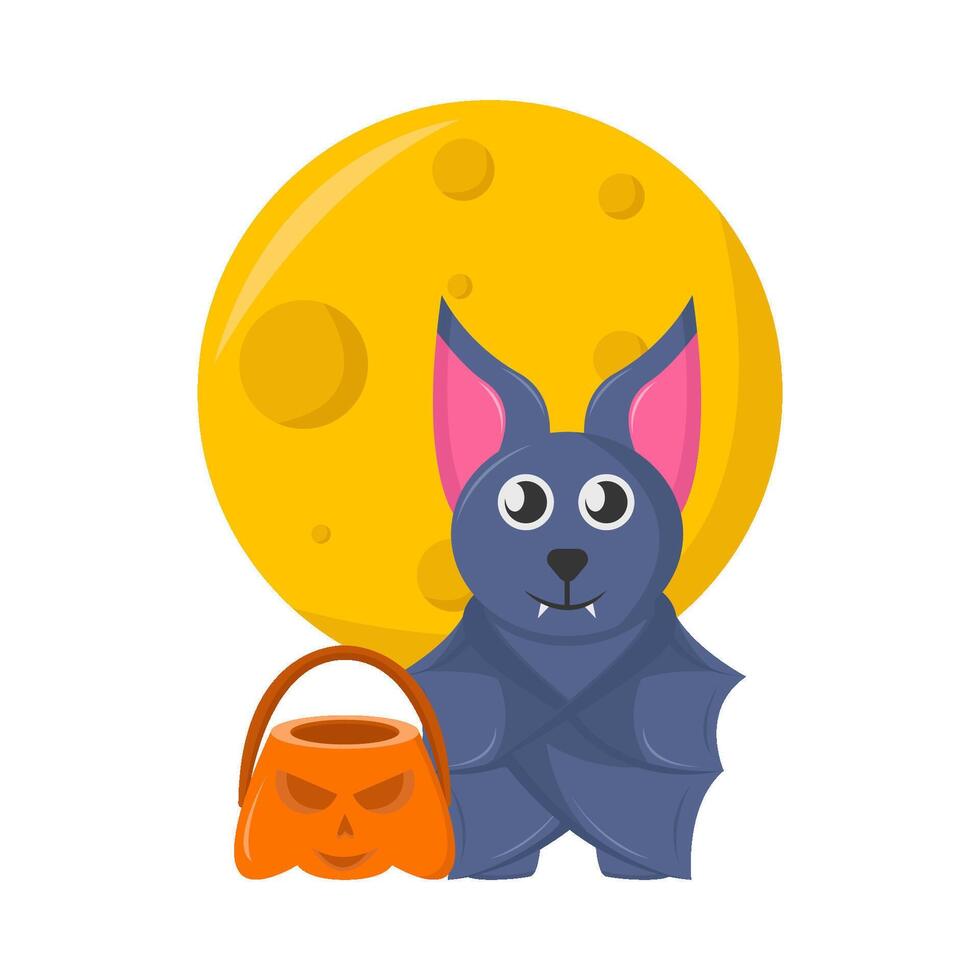 bat, pumpkin bucket with full moon illustration vector