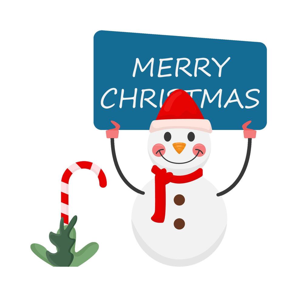 muñeco de nieve, palo caramelo con bandera alegre Navidad ilustración vector