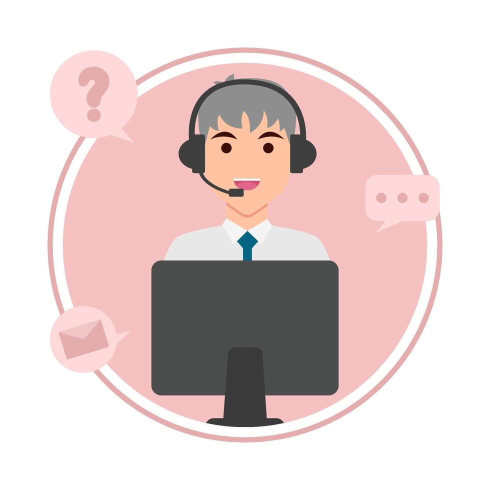 call center work in front computer with answer customer questions illustration vector
