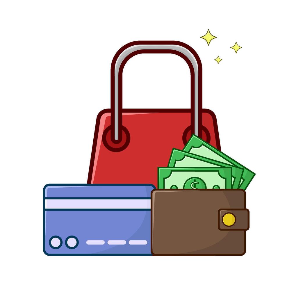 shopping bag, debit card with money in wallet illustratio vector