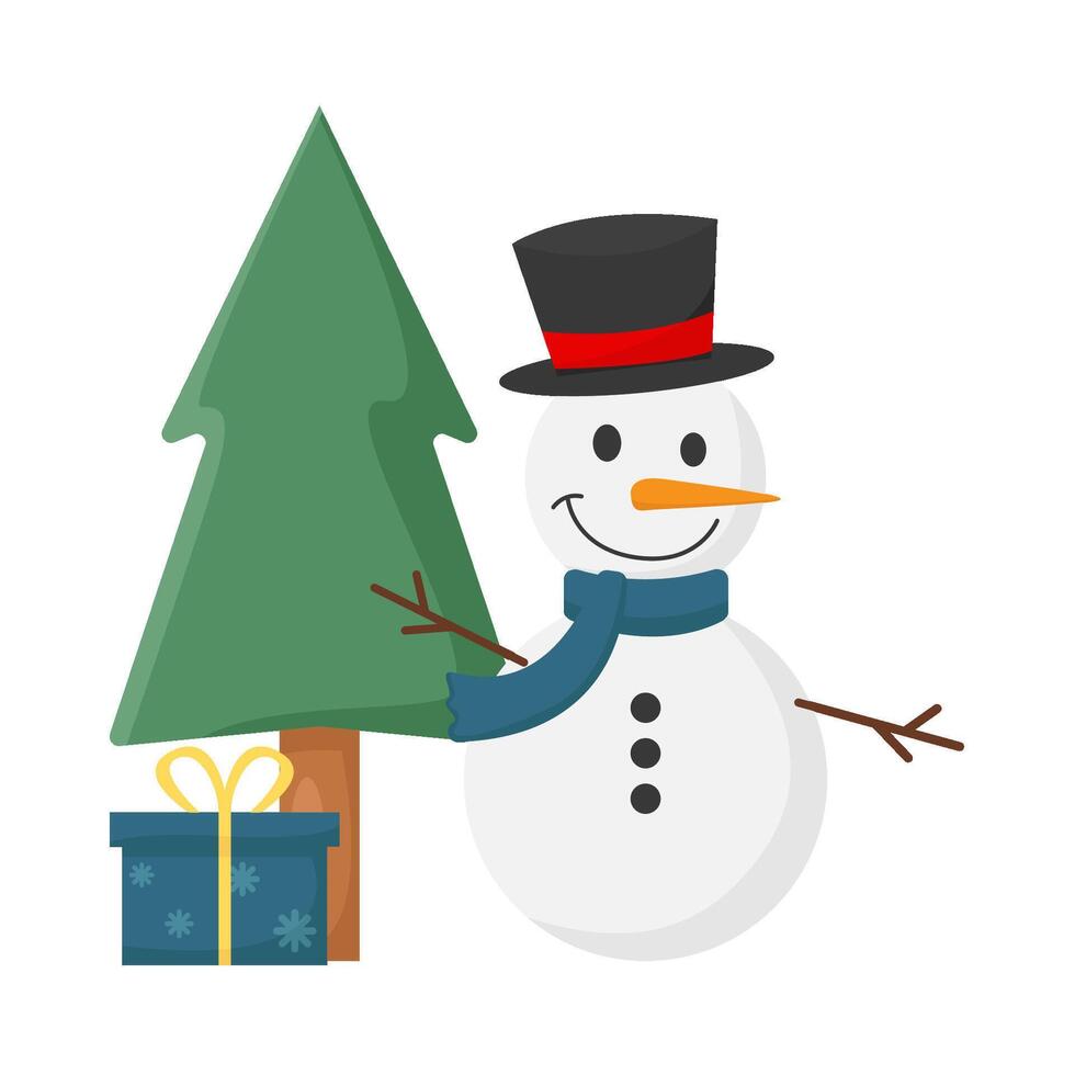 snowman, gift box with tree spruce illustration vector
