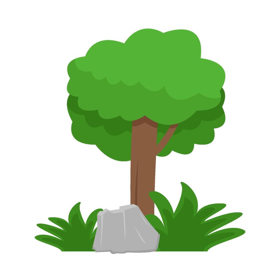 árbol, césped con Roca ilustración vector