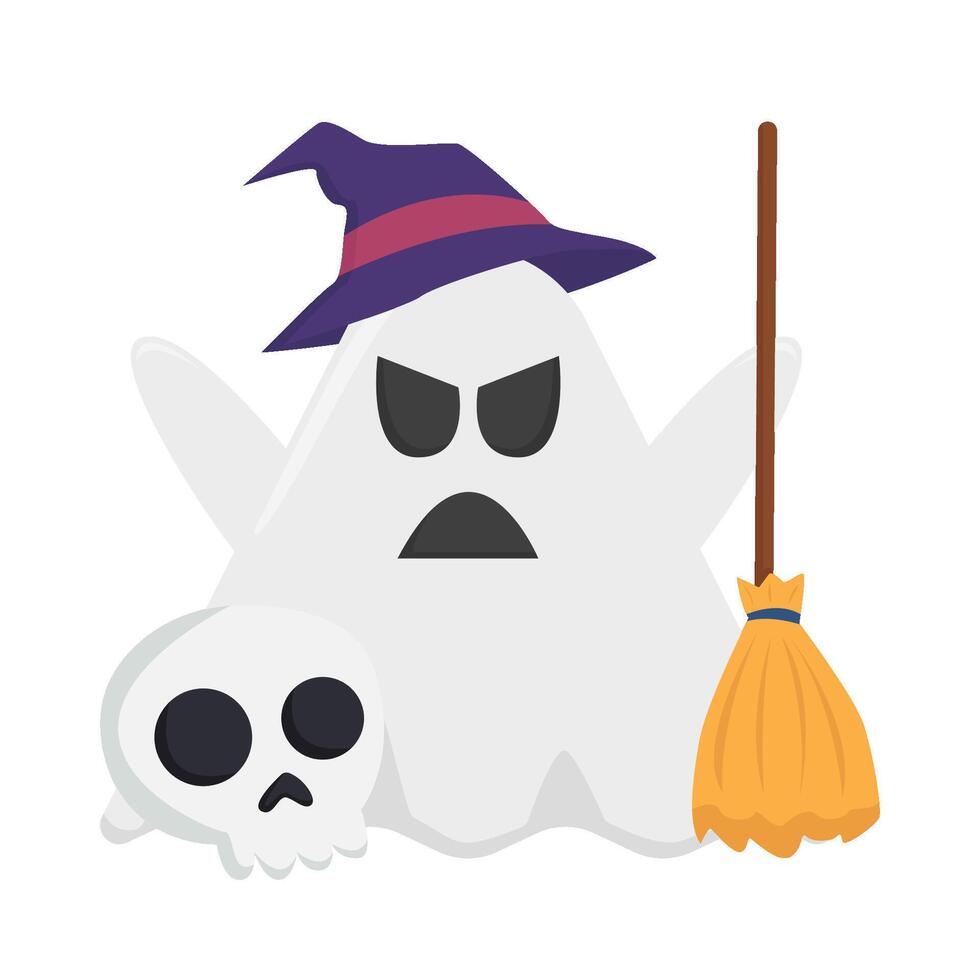 ghost, broom with skull illustration vector
