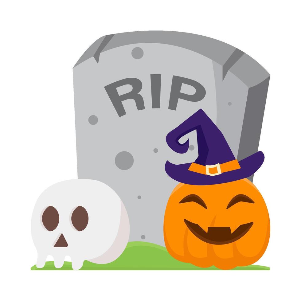 pumpkin halloween witch with skull in tombstone illustration vector