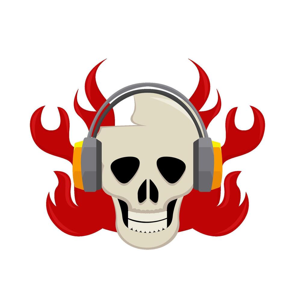 headphone in skull with fire illustration vector