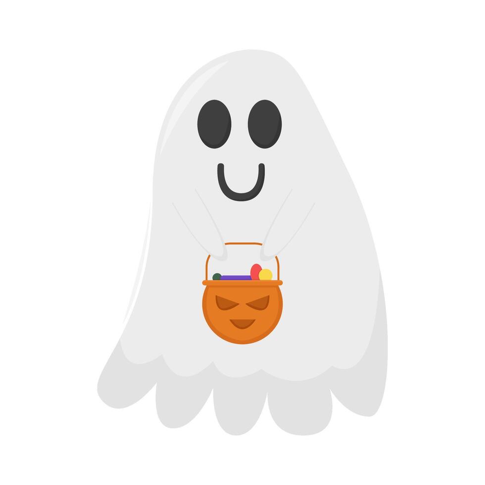 ghost with bucket candy pumpkin illustration vector