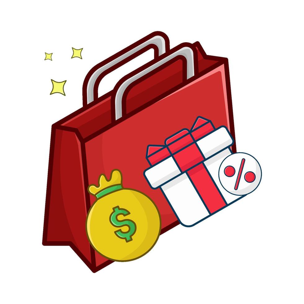 compras bolsa, regalo caja rebaja con dinero bolso ilustración vector