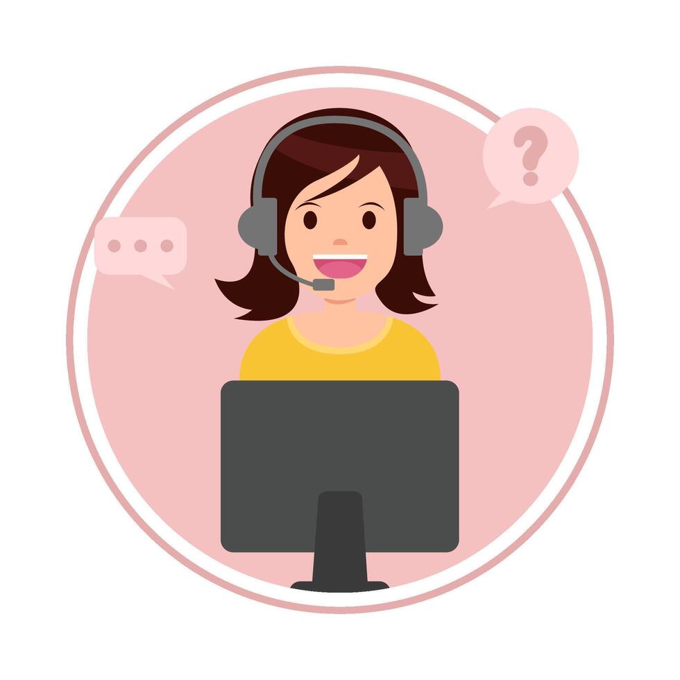 call center work in front computer with answer customer questions illustration vector