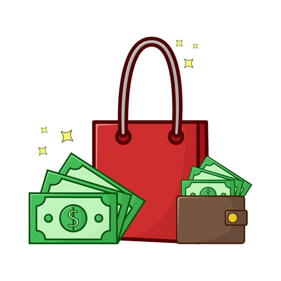 compras bolsa, dinero en billetera con dinero ilustración vector