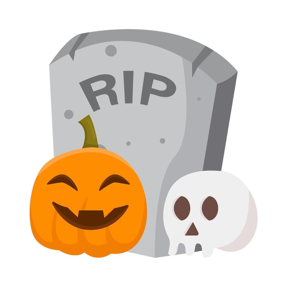 pumpkin halloween with skull in tombstone illustration vector