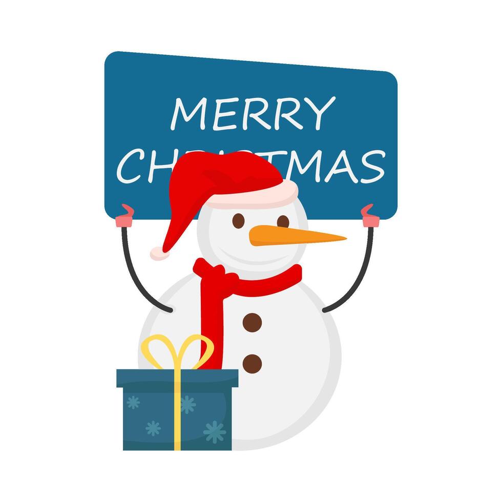 banner merry christmas in snowman with gift box illustration vector