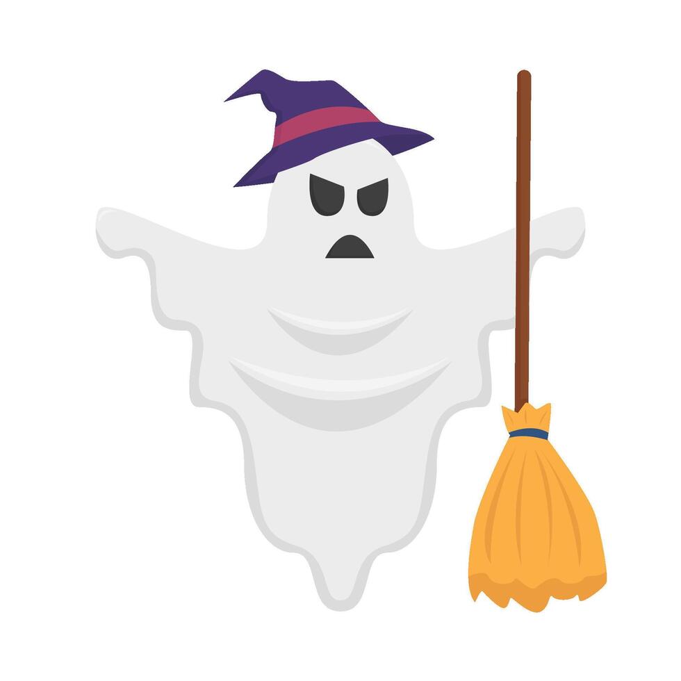 ghost witch with broom illustration vector