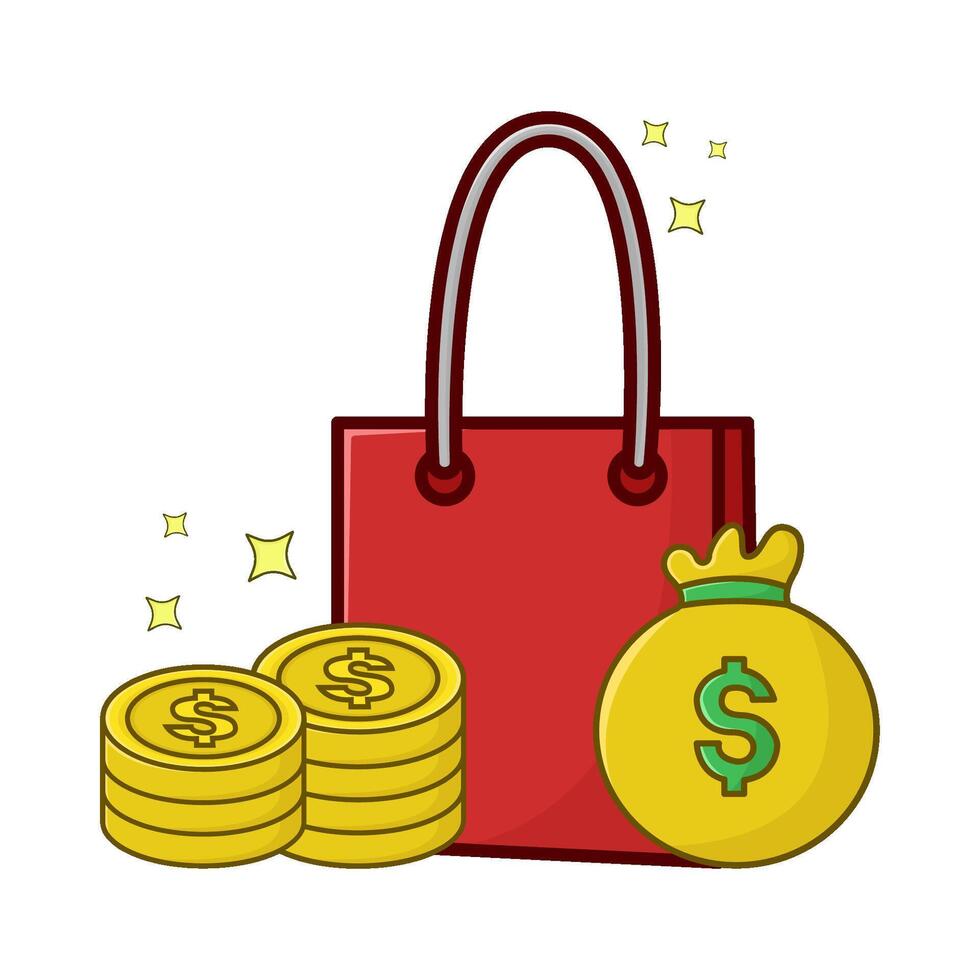 compras bolsa, dinero moneda con dinero bolso ilustración vector