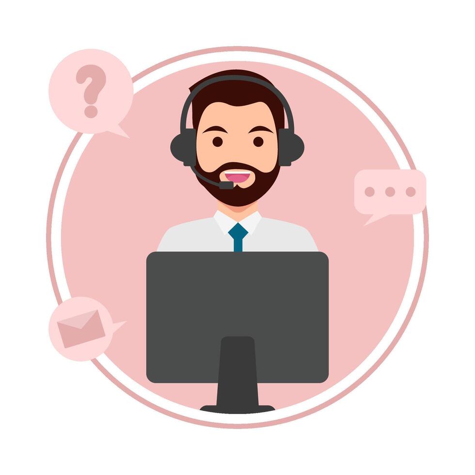 call center work in front computer with answer customer questions illustration vector