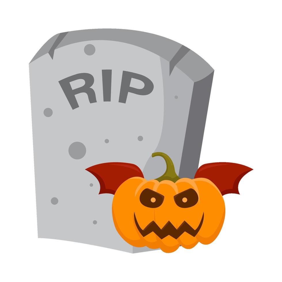 pumpkin halloween bat in tombstone illustration vector