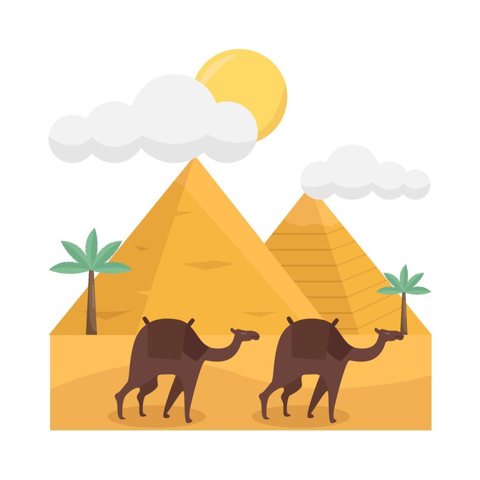 pyramid, sun summer, palm tree with camel illustration vector