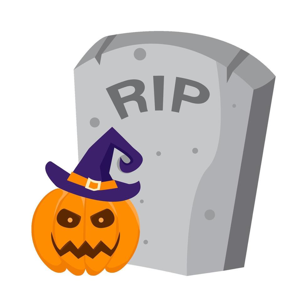 pumpkin halloween witch in tombstone illustration vector