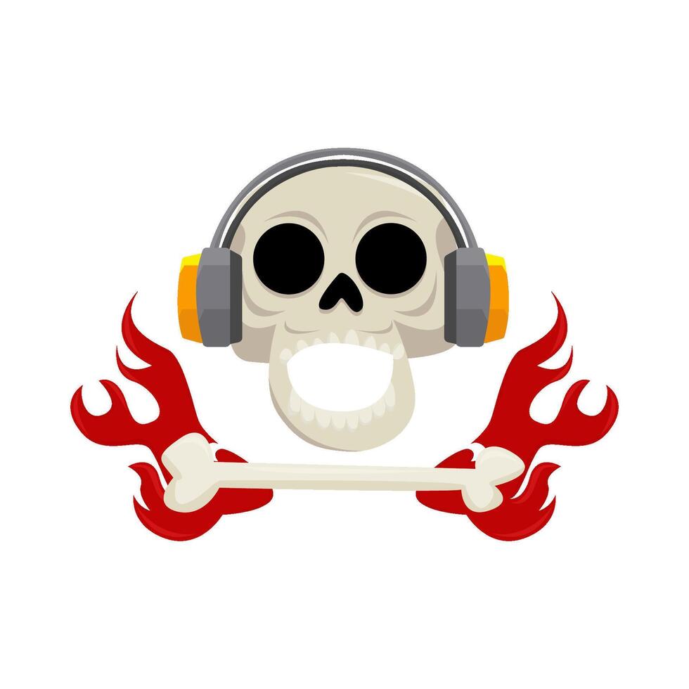 headphone in skull with fire illustration vector