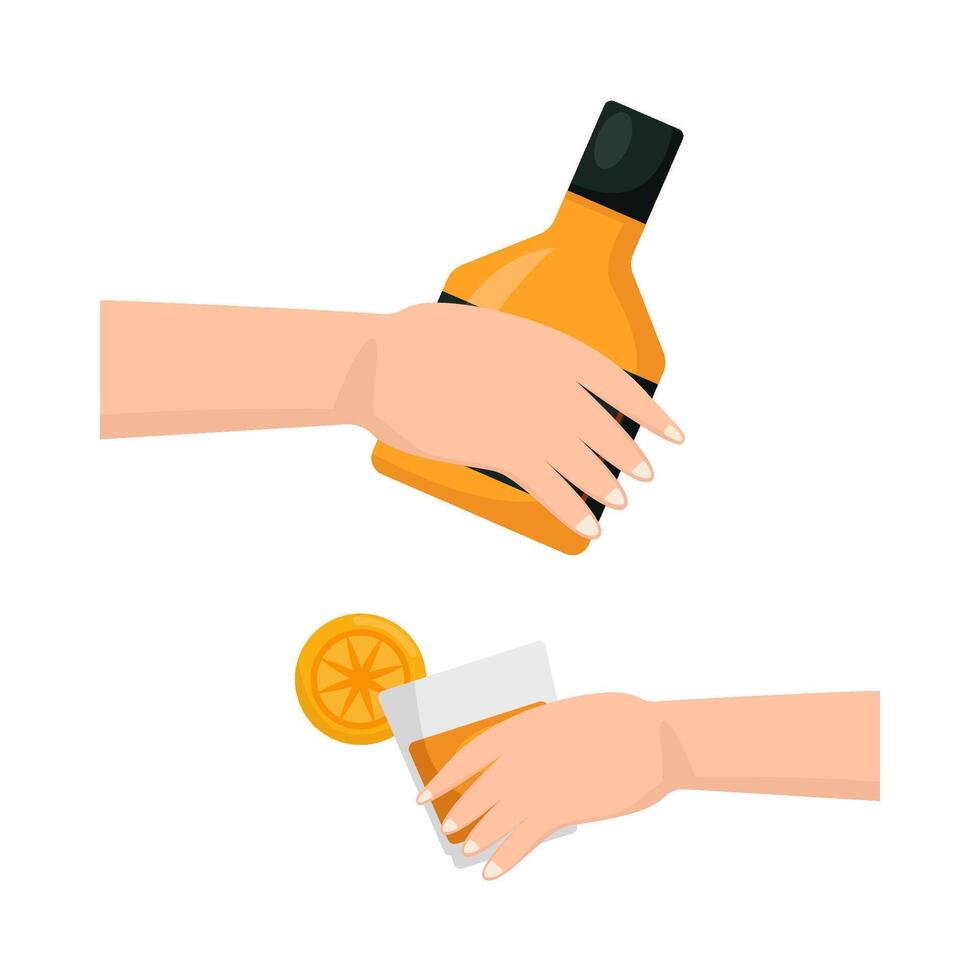 bottle alcohol with glass alcohol drink in hand illustration vector