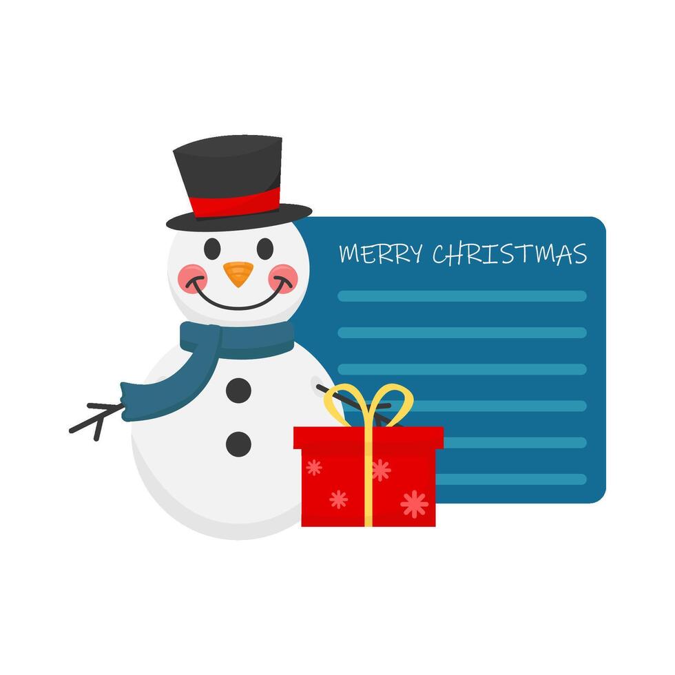 muñeco de nieve, regalo caja con saludo tarjeta alegre Navidad ilustración vector