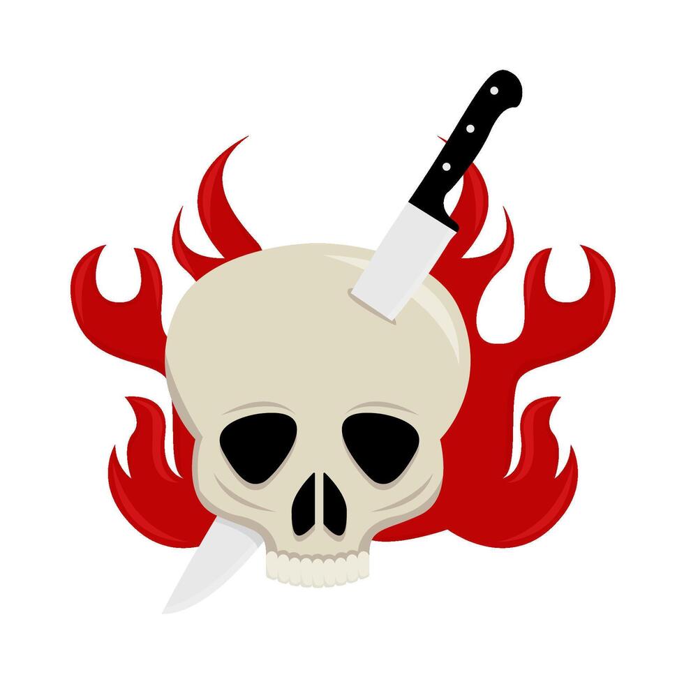 knife in skull with fire illustration vector