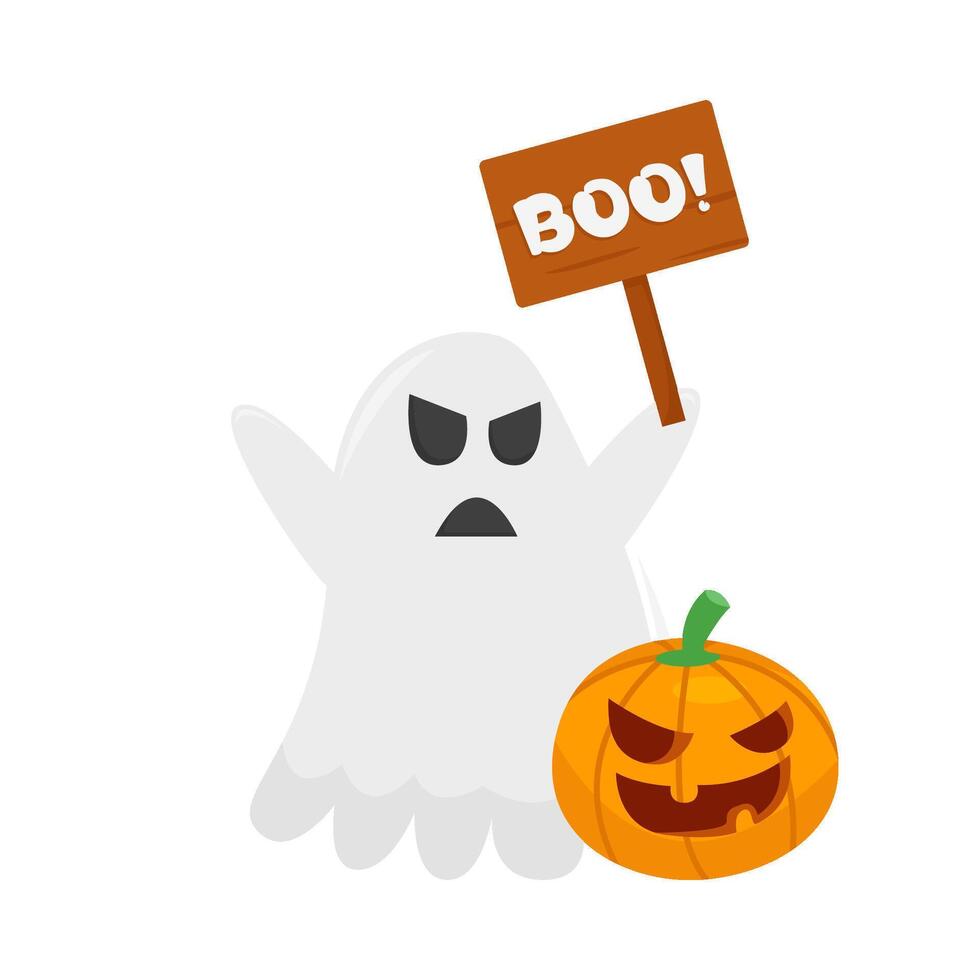 ghost fl, boo text in board with pumpkin halloween illustration vector