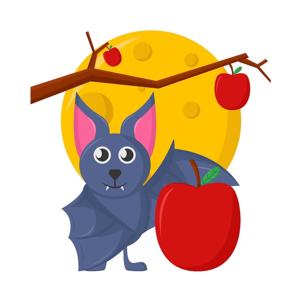bat, apple tree with full moon illustration vector