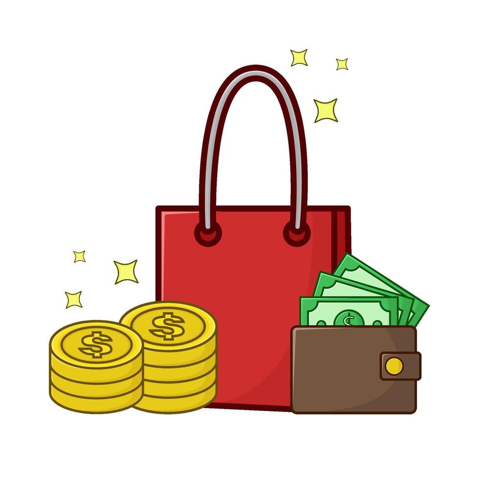 compras bolsa, dinero moneda con dinero en billetera ilustración vector