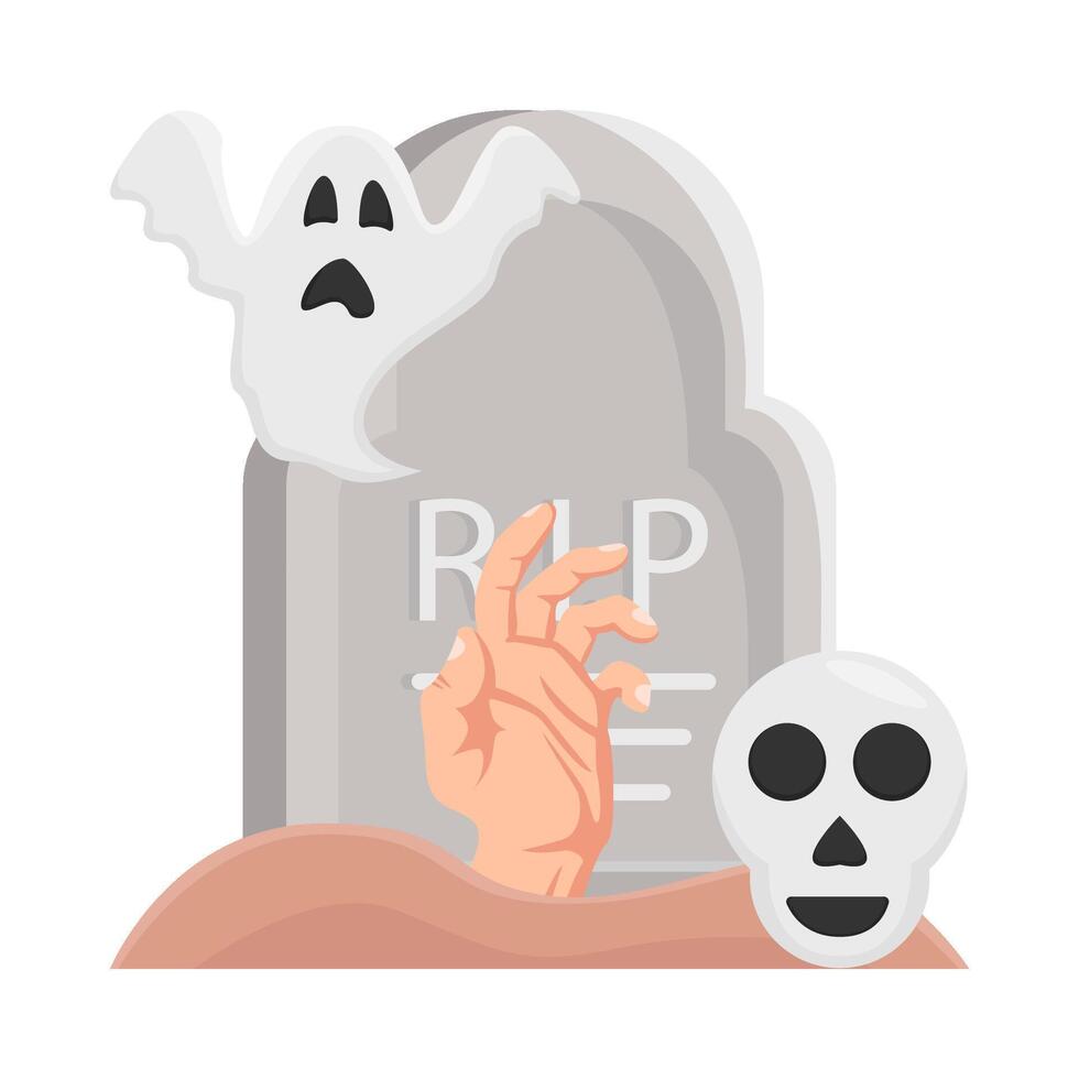 skull, ghost with hand in tombstone illustration vector