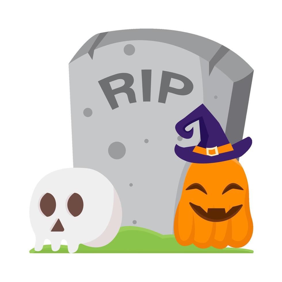 pumpkin halloween witch with skull in tombstone illustration vector