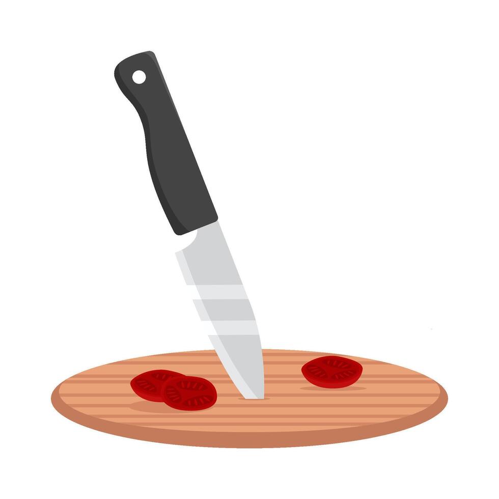 knife with tomato in cutting board illustration vector