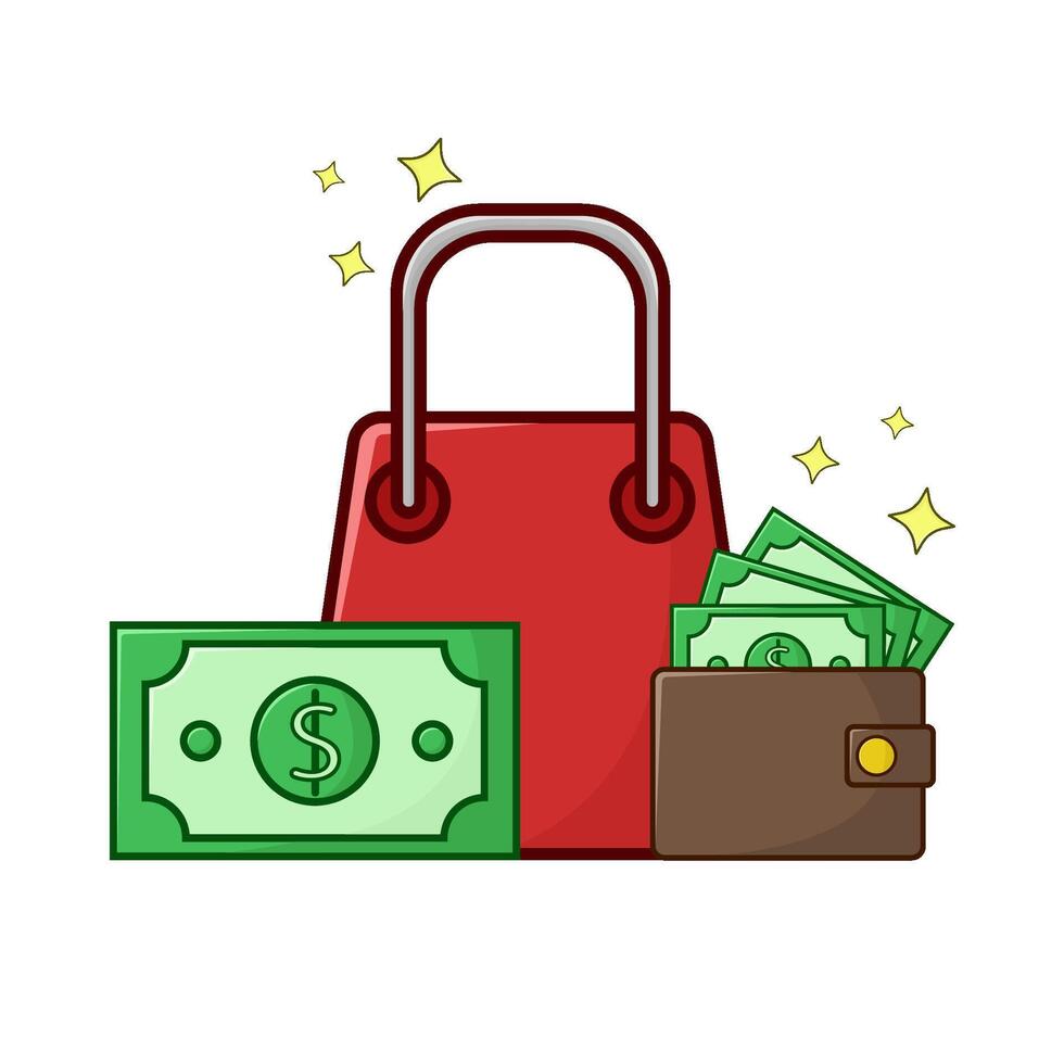 shopping bag, money in wallet with money  illustration vector