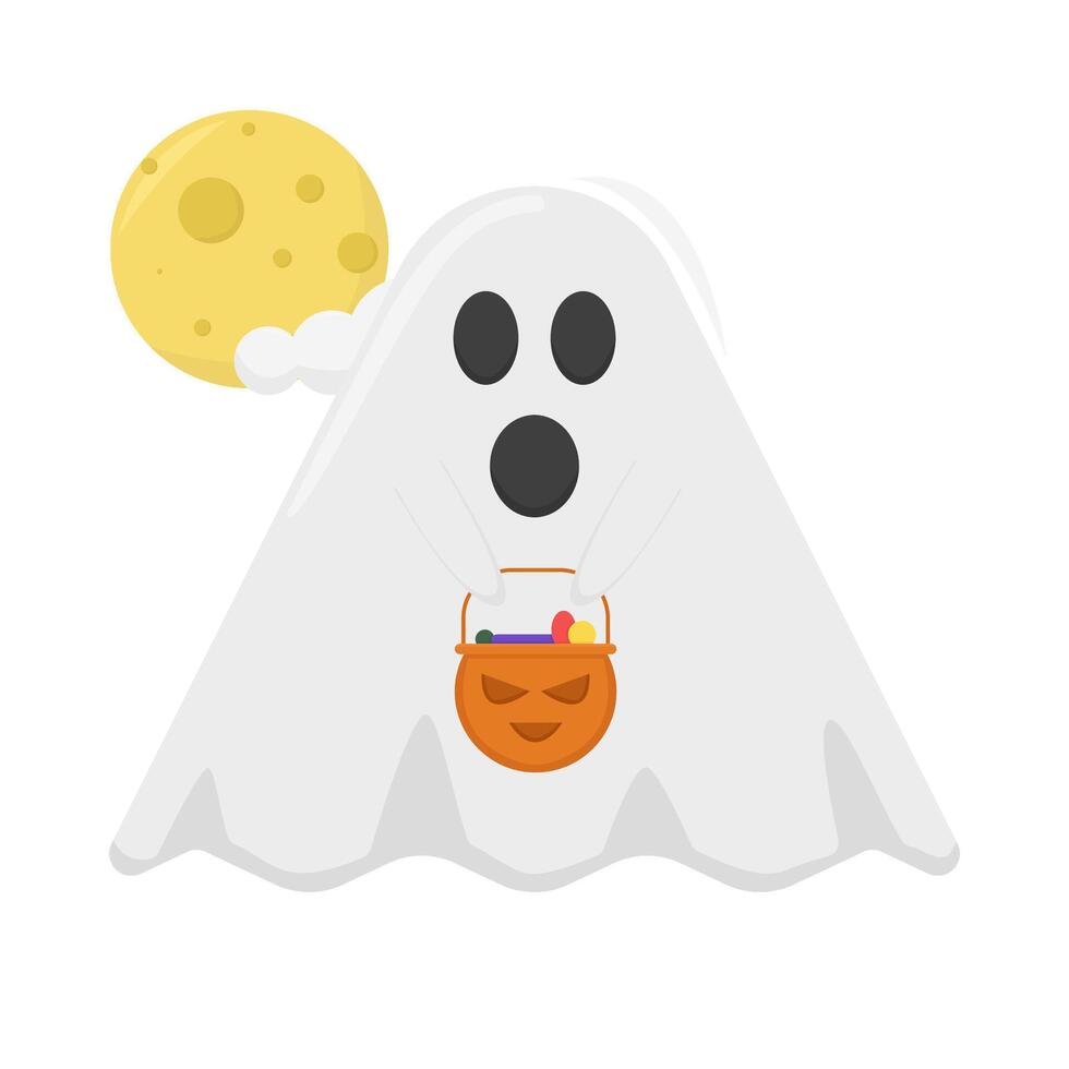 ghost with bucket candy pumpkin illustration vector