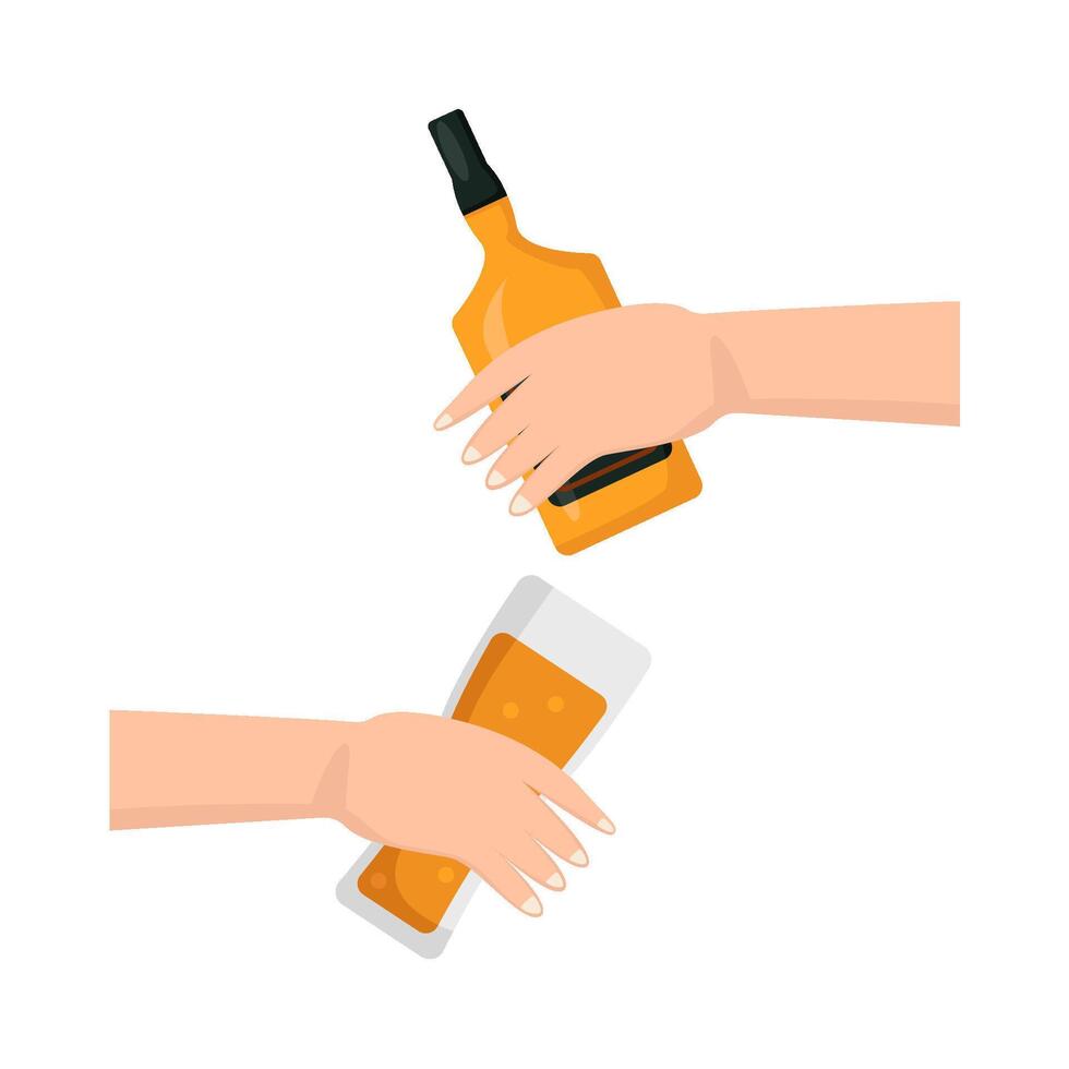 bottle alcohol with glass alcohol drink in hand illustration vector