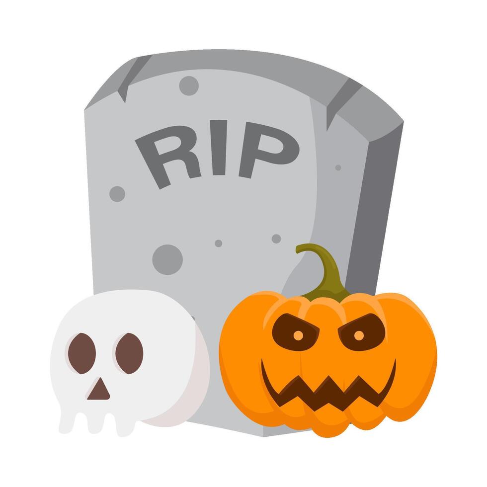 pumpkin halloween with skull in tombstone illustration vector