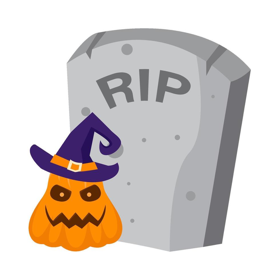 pumpkin halloween witch in tombstone illustration vector