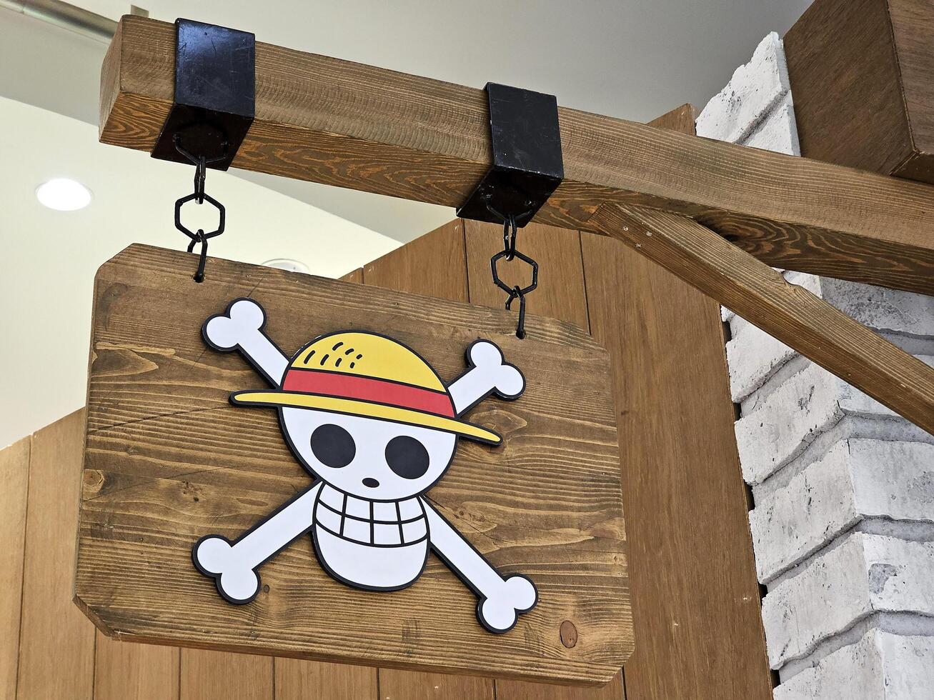 BANGKOK, THAILAND SEPTEMBER 03, 2023 Luffy skull Sign in One Piece. One Piece is a famous Series on Netflix that is a live action adaptation of the manga series by Eiichiro Oda. photo
