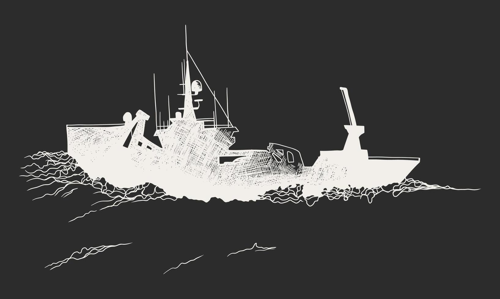A ship navigating the sea, portrayed in a black and white vector illustration.
