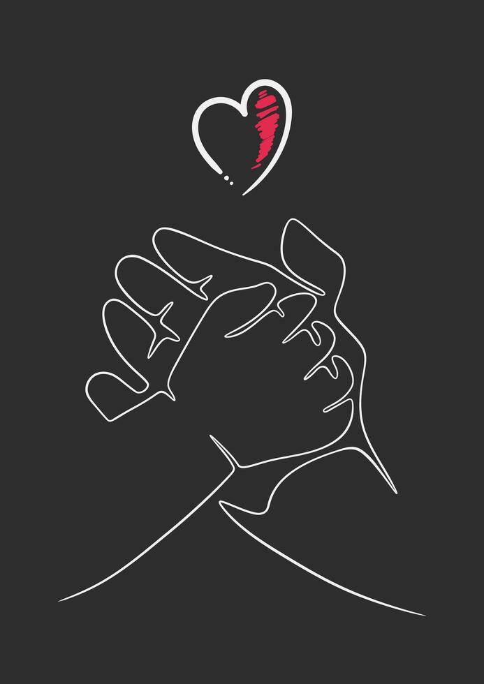 Continuous, single line drawing of mother and child hands holding a heart icon. Vector illustration concept.