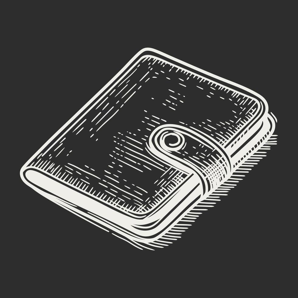 Hand drawn sketch of wallet. Vector illustration isolated on black background.