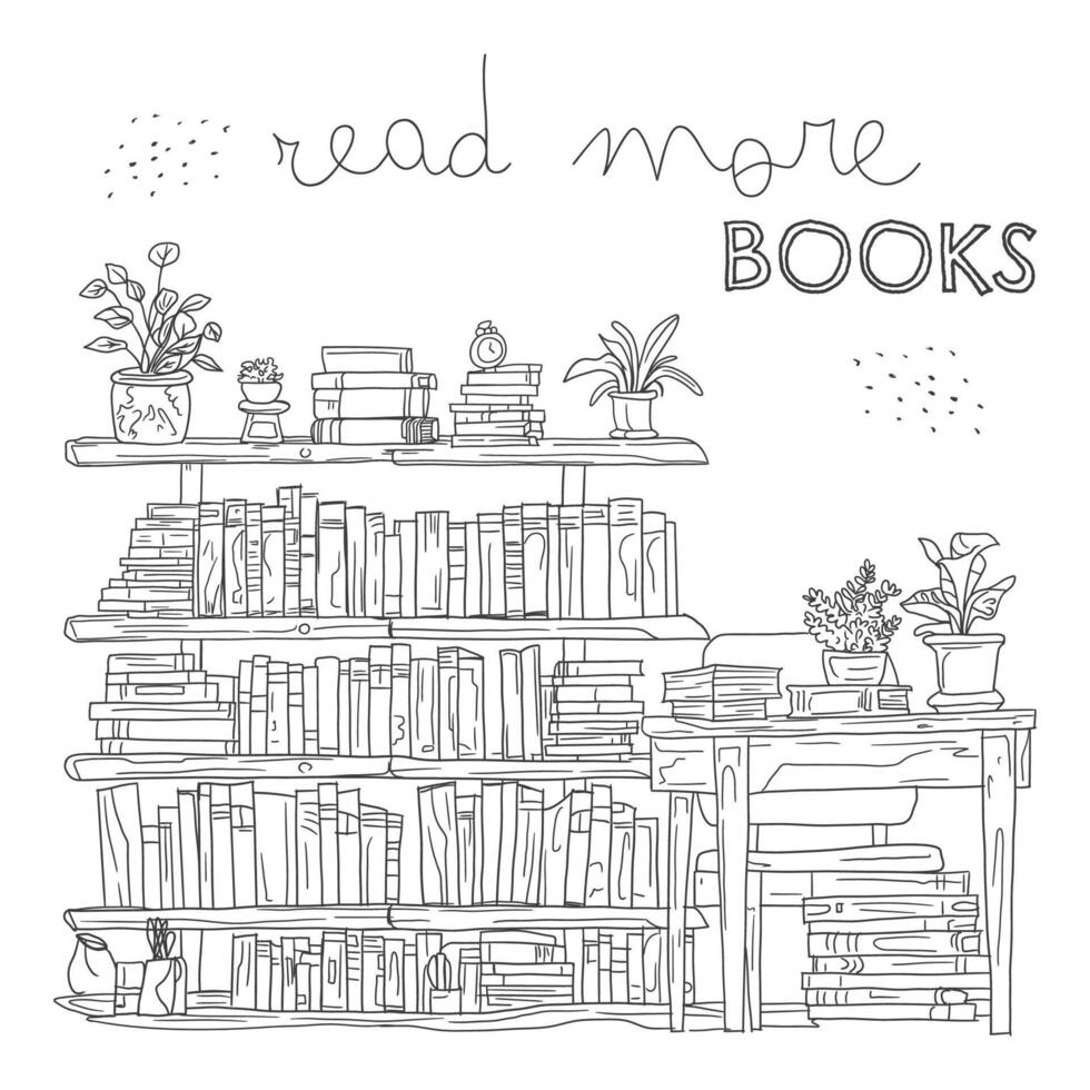 mano dibujado estante para libros con libros y plantas. negro y blanco vector ilustración